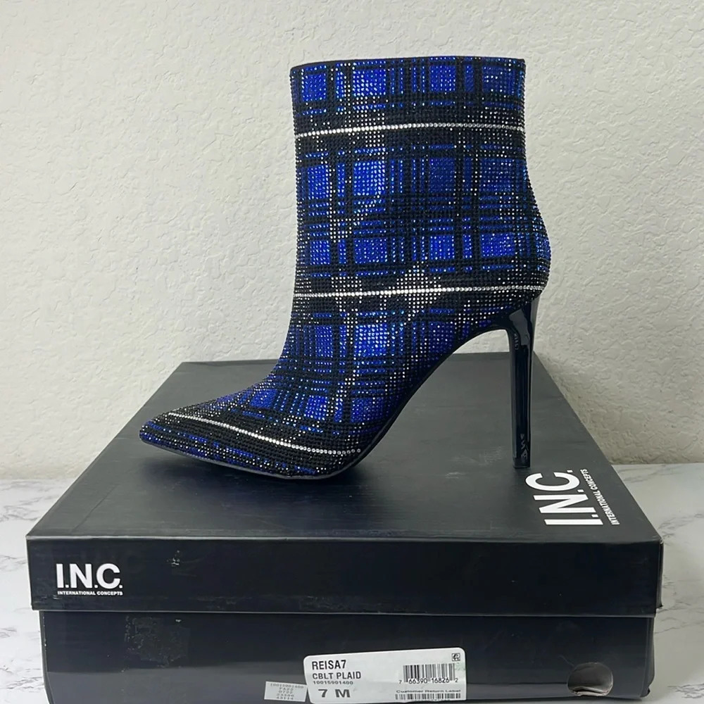 INC-  Blue Plaid Rhinestone Reisa Pointed Toe Stiletto Dress Booties - Picture 3 of 11